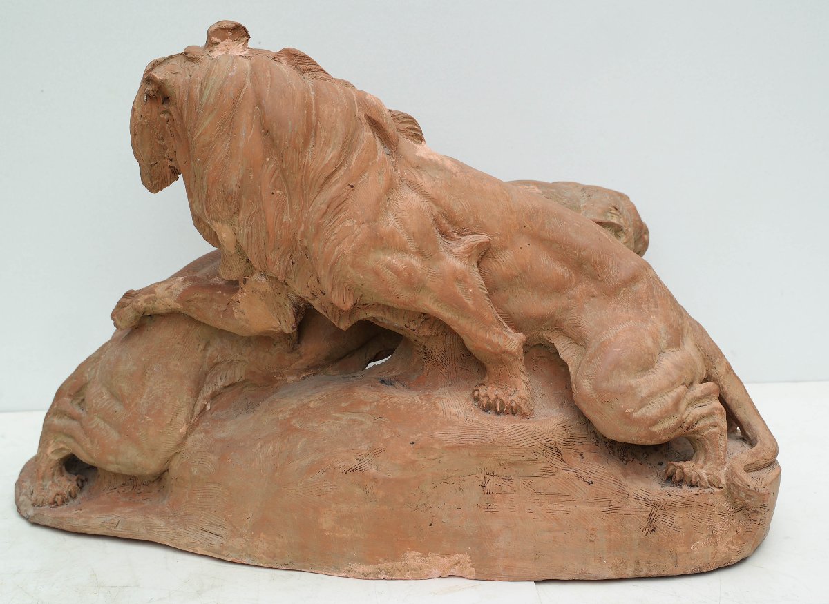 Lion Et Lionne Sculpture En Terre Cuite Signée Thomas Cartier-photo-3