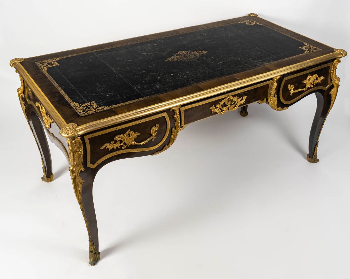 Louis XV Style Flat Desk In Veneer And Gilded Bronze-photo-2