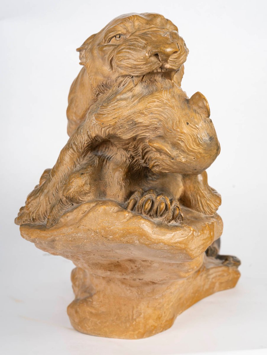 Lioness And Monkey, Terracotta Sculpture By Thomas Cartier-photo-2