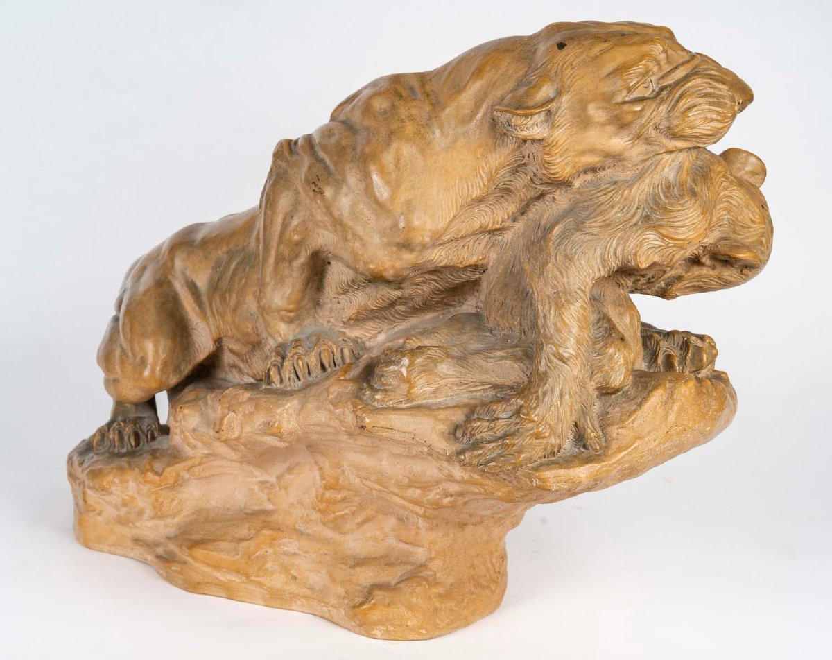 Lioness And Monkey, Terracotta Sculpture By Thomas Cartier-photo-5