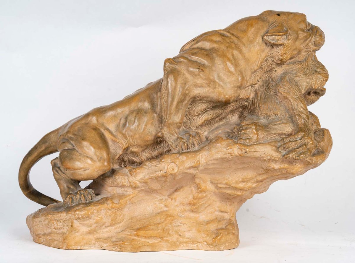 Lioness And Monkey, Terracotta Sculpture By Thomas Cartier-photo-6