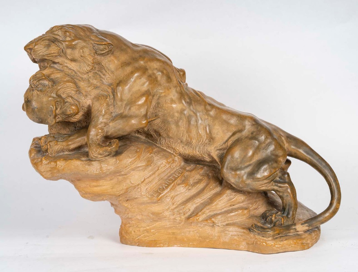 Lioness And Monkey, Terracotta Sculpture By Thomas Cartier