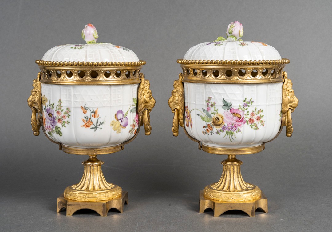 Pair Of Covered Pots In Saxon Porcelain And Gilt Bronze.