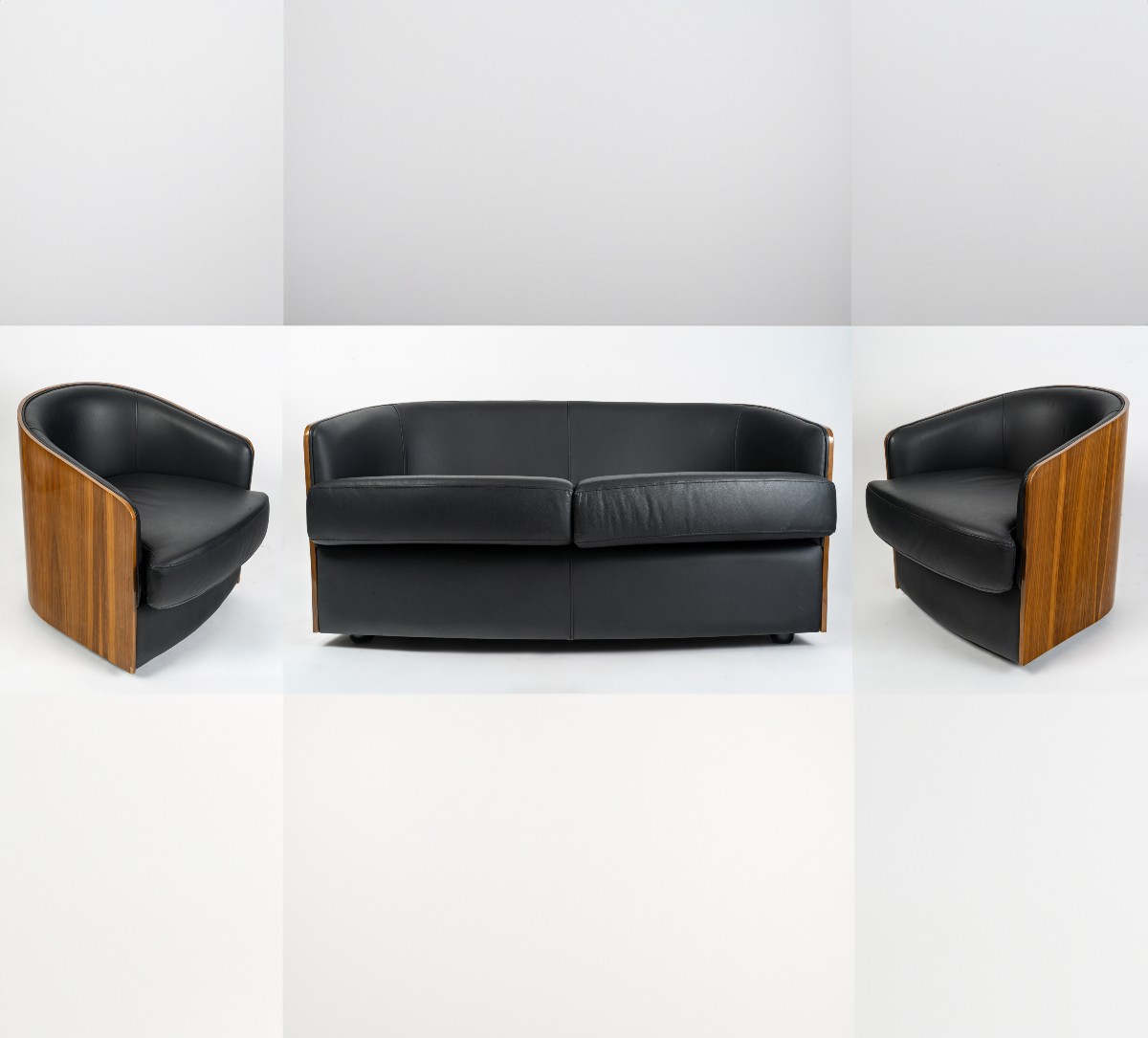 Salon design en cuir et placage d'acajou 
