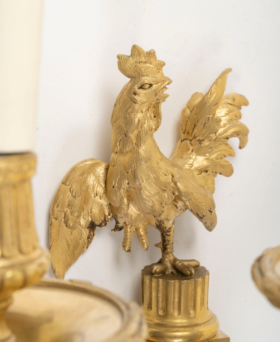 Pair Of Gilt Bronze Wall Sconces Decorated With Roosters-photo-4