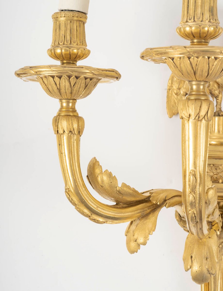 Pair Of Gilt Bronze Wall Sconces Decorated With Roosters-photo-2