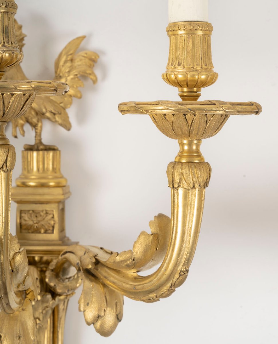 Pair Of Gilt Bronze Wall Sconces Decorated With Roosters-photo-3