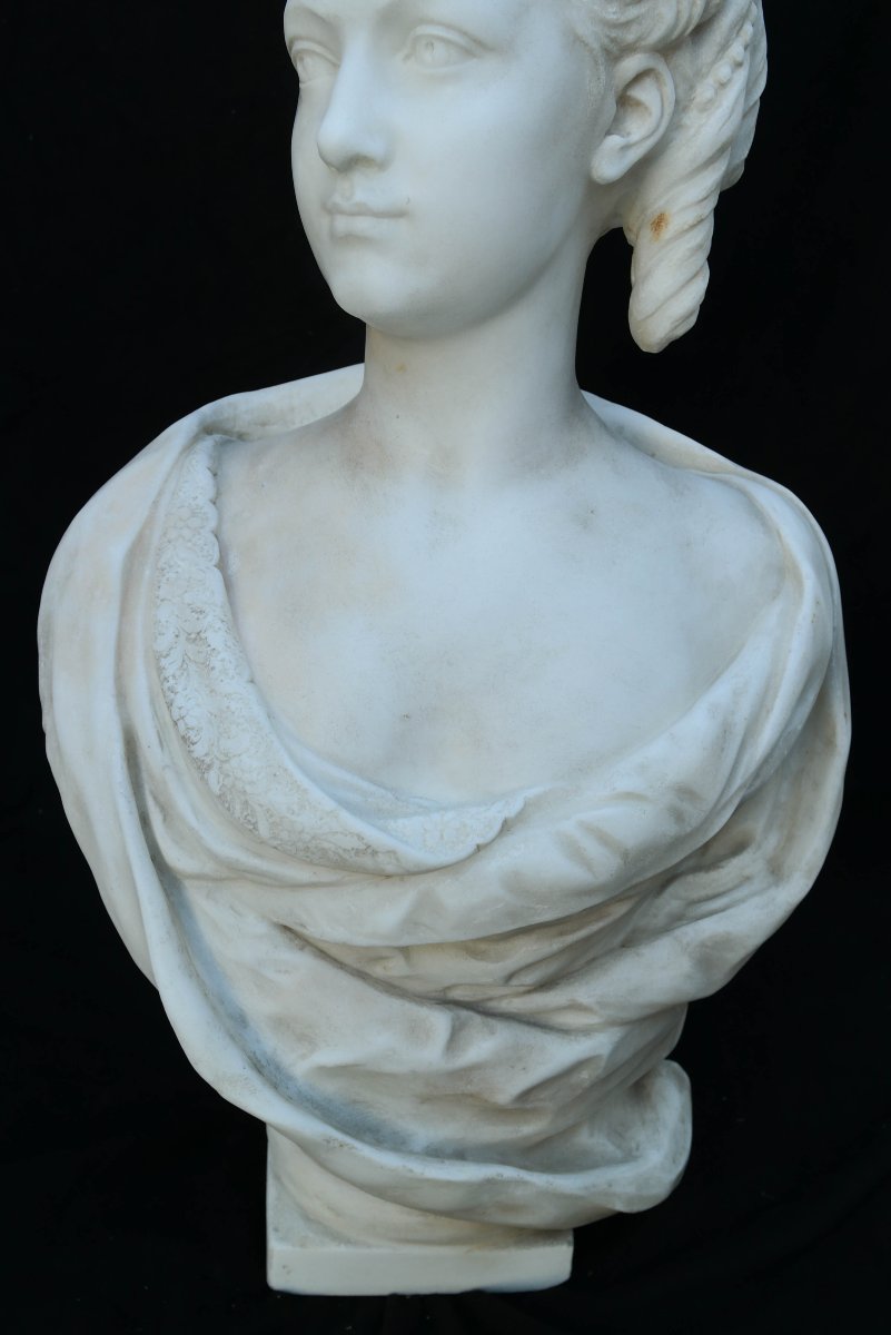 Portrait Of Clotilde Of France, Carrara Marble Bust-photo-2