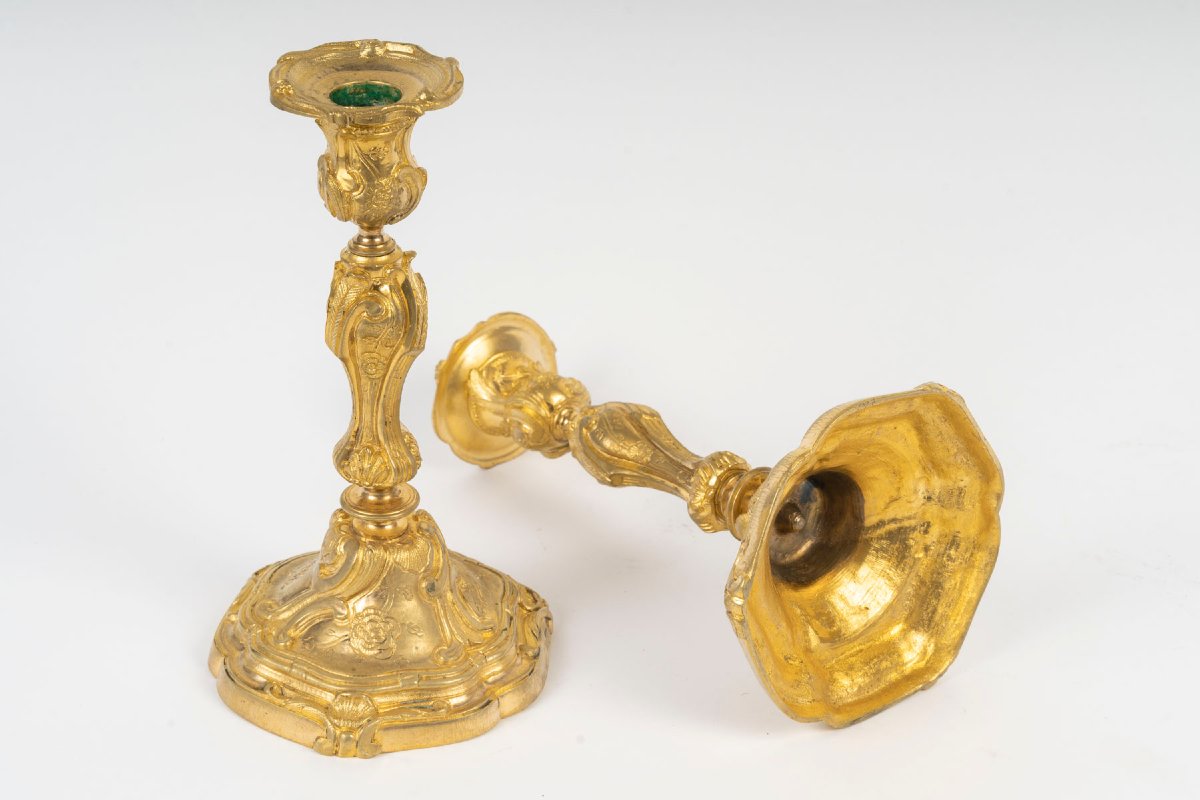 Pair Of Louis XV Style Gilt Bronze Candlesticks-photo-4