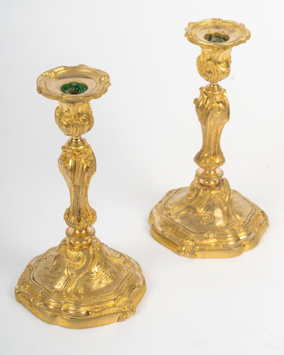 Pair Of Louis XV Style Gilt Bronze Candlesticks-photo-3