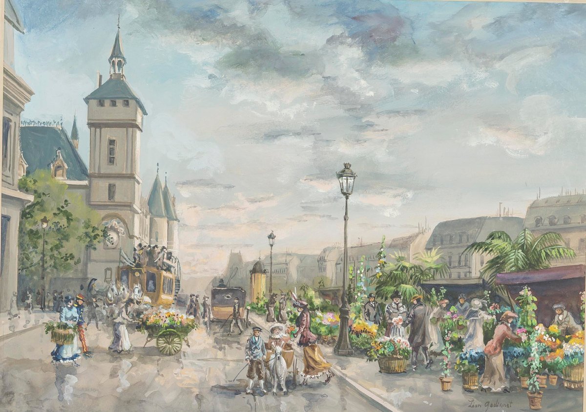 The Flower Market, Watercolor Signed Léon Godinnet -photo-2