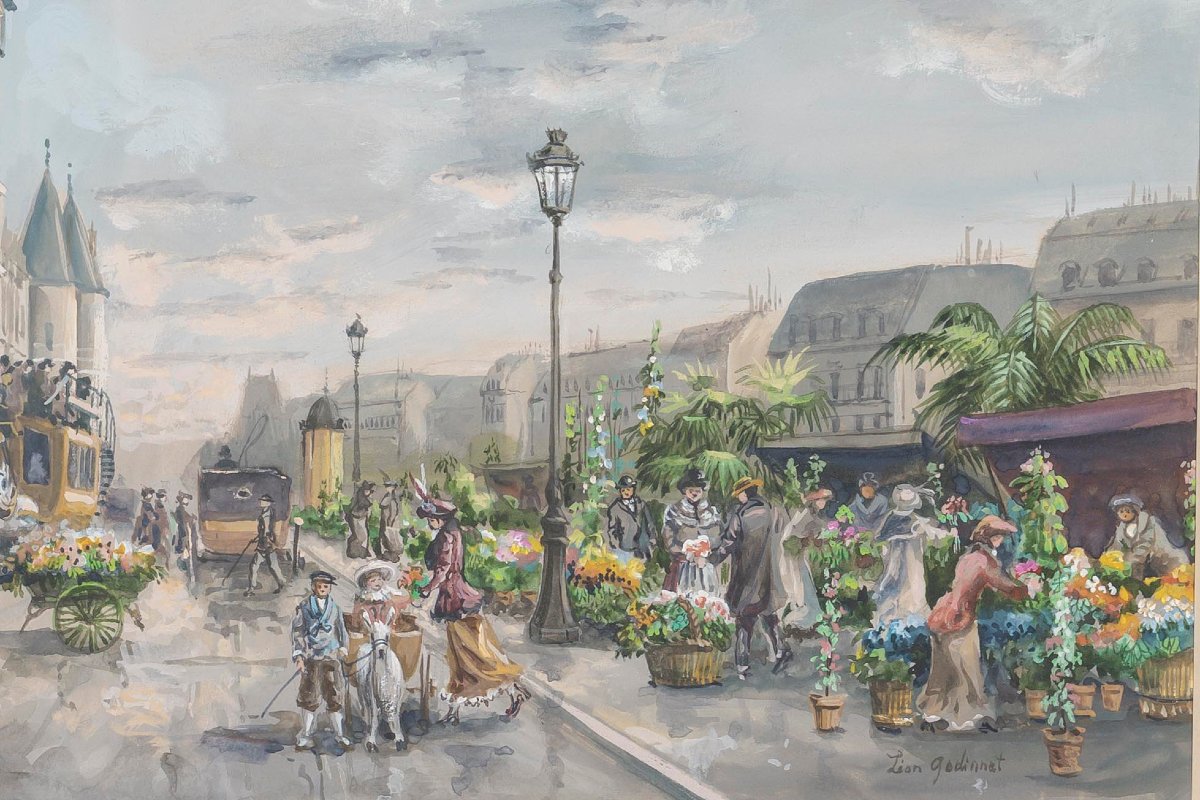 The Flower Market, Watercolor Signed Léon Godinnet -photo-3