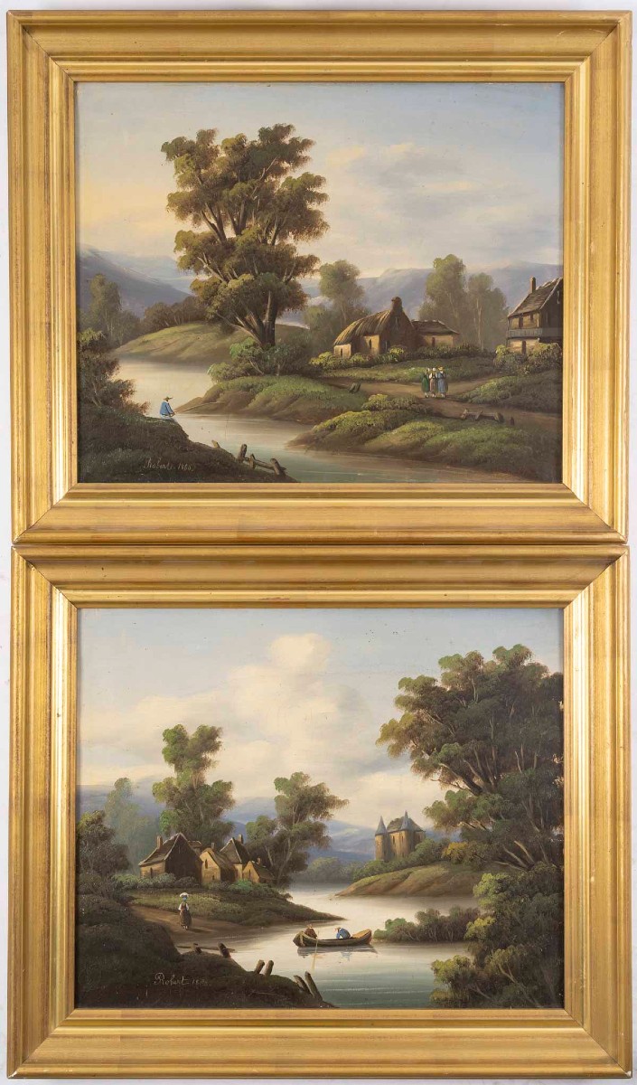 Pair Of Oil Paintings On Canvas Signed Robert Circa 1860