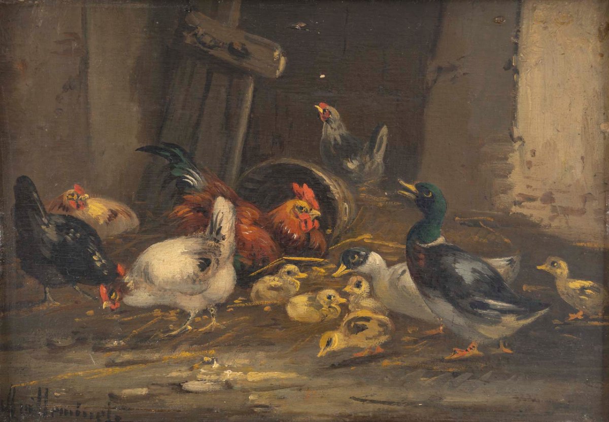 Basses-Cours, paire d'huiles sur panneaux signées Guilleminet-photo-2