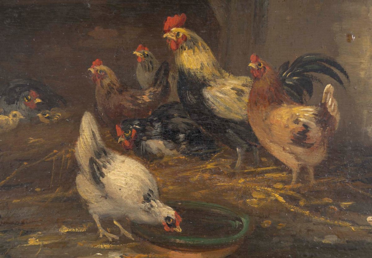 Basses-Cours, paire d'huiles sur panneaux signées Guilleminet-photo-1