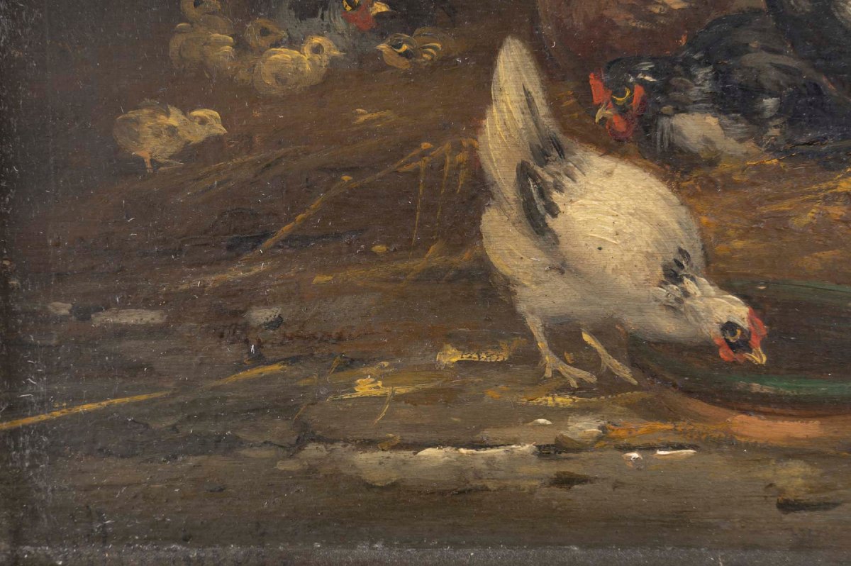 Basses-Cours, paire d'huiles sur panneaux signées Guilleminet-photo-2