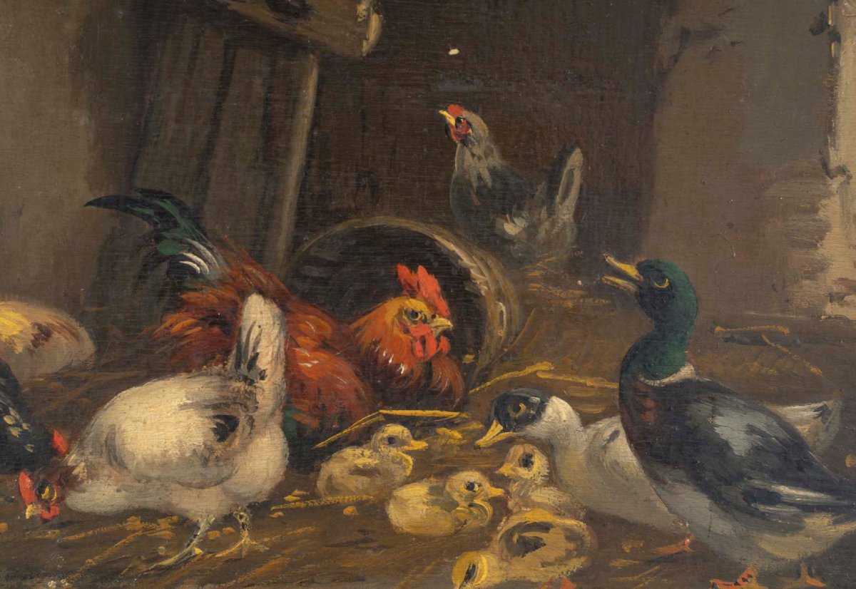 Basses-Cours, paire d'huiles sur panneaux signées Guilleminet-photo-3