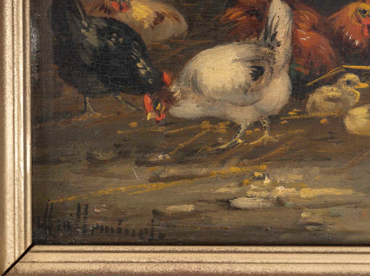 Basses-Cours, paire d'huiles sur panneaux signées Guilleminet-photo-4