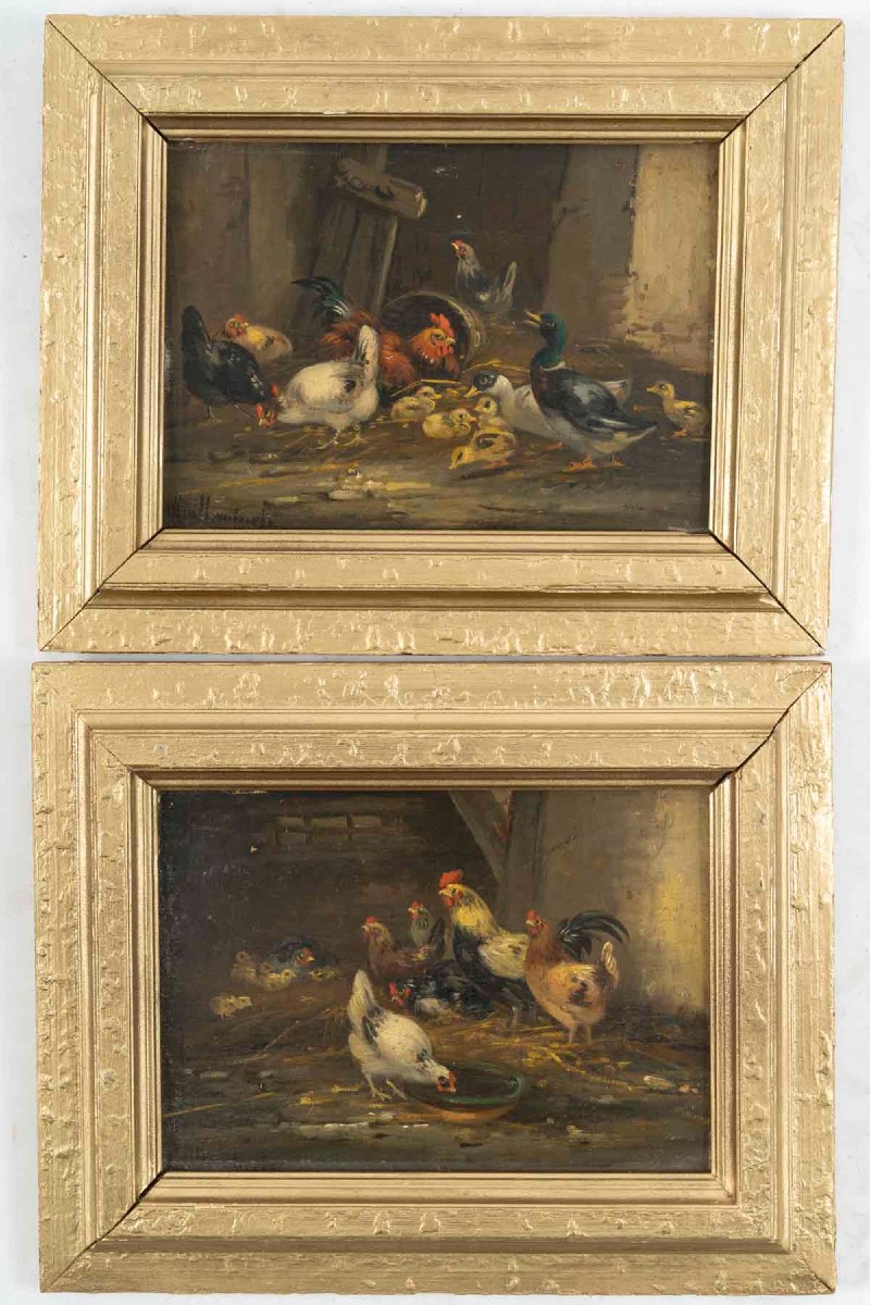 Basses-Cours, paire d'huiles sur panneaux signées Guilleminet