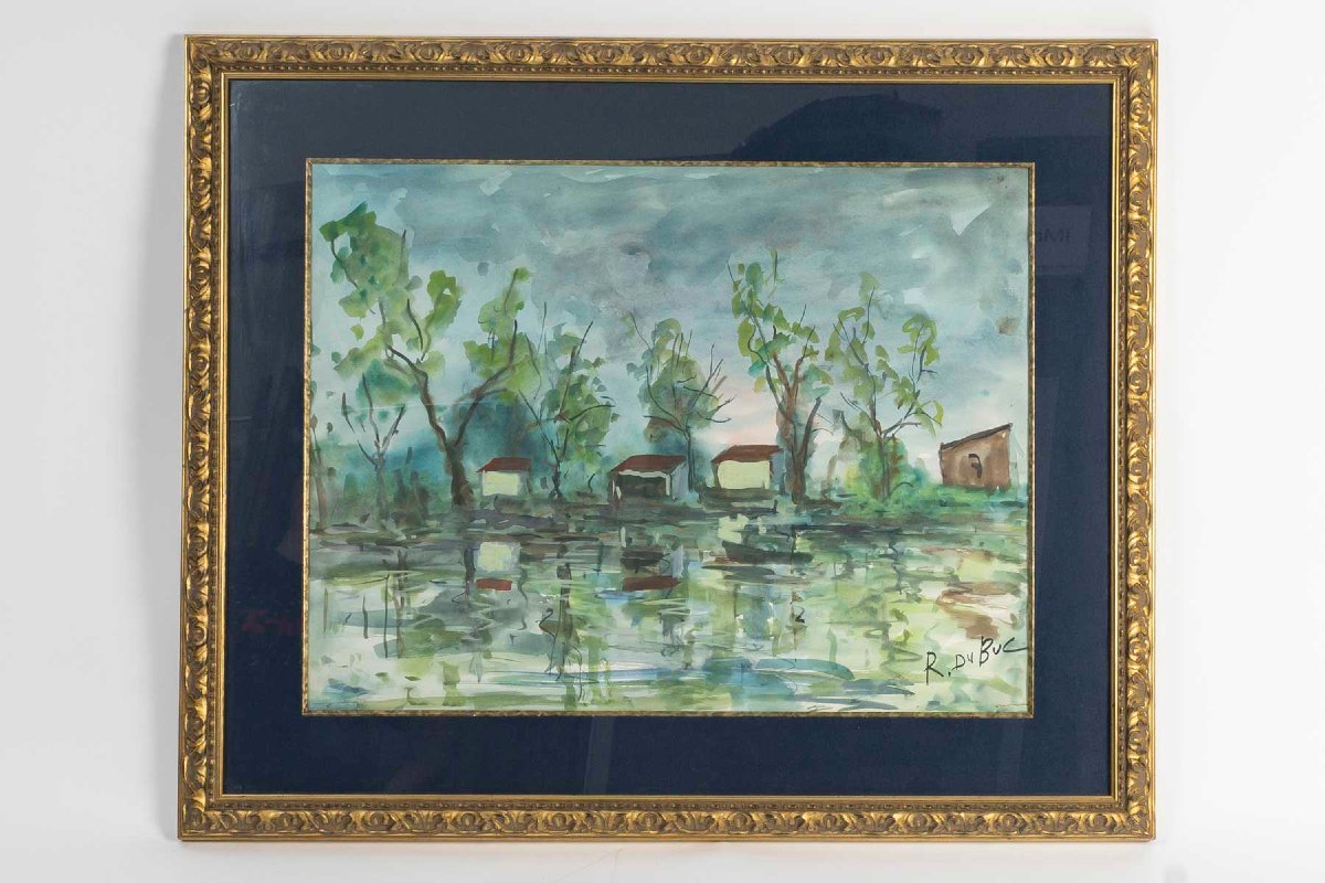 Riverside, Watercolor Signed Roland Dubuc-photo-1