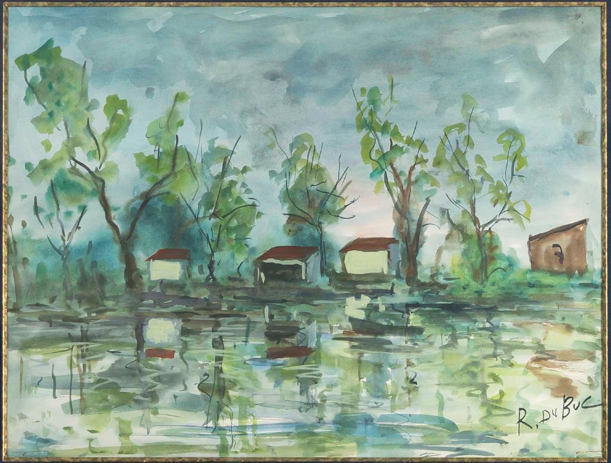 Riverside, Watercolor Signed Roland Dubuc-photo-2