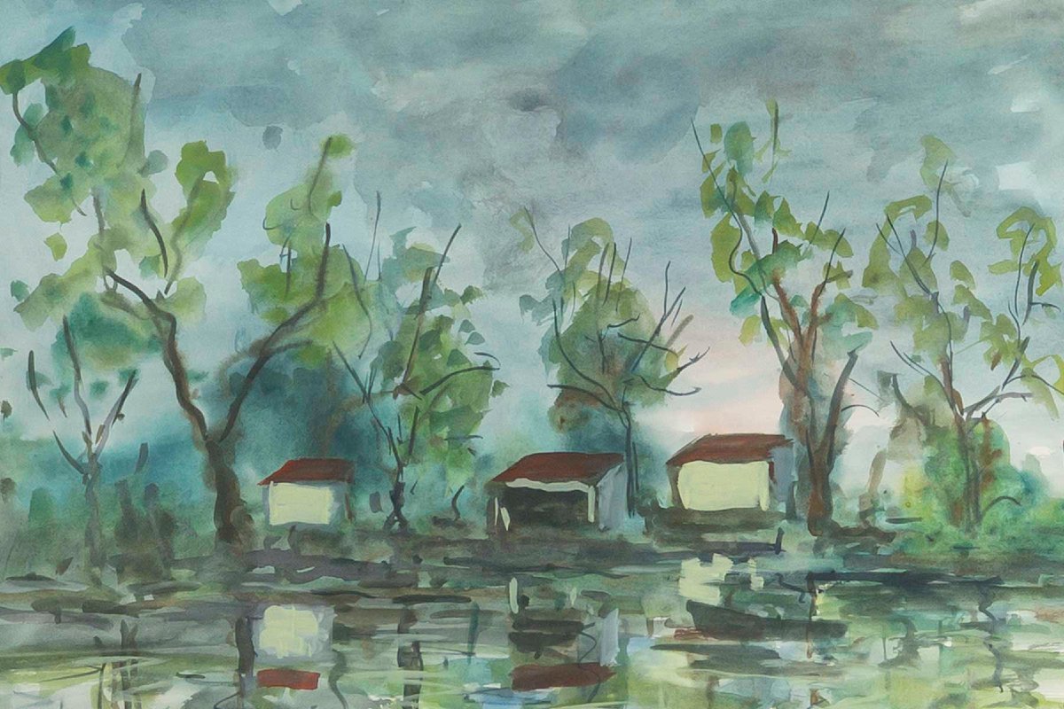 Riverside, Watercolor Signed Roland Dubuc-photo-3