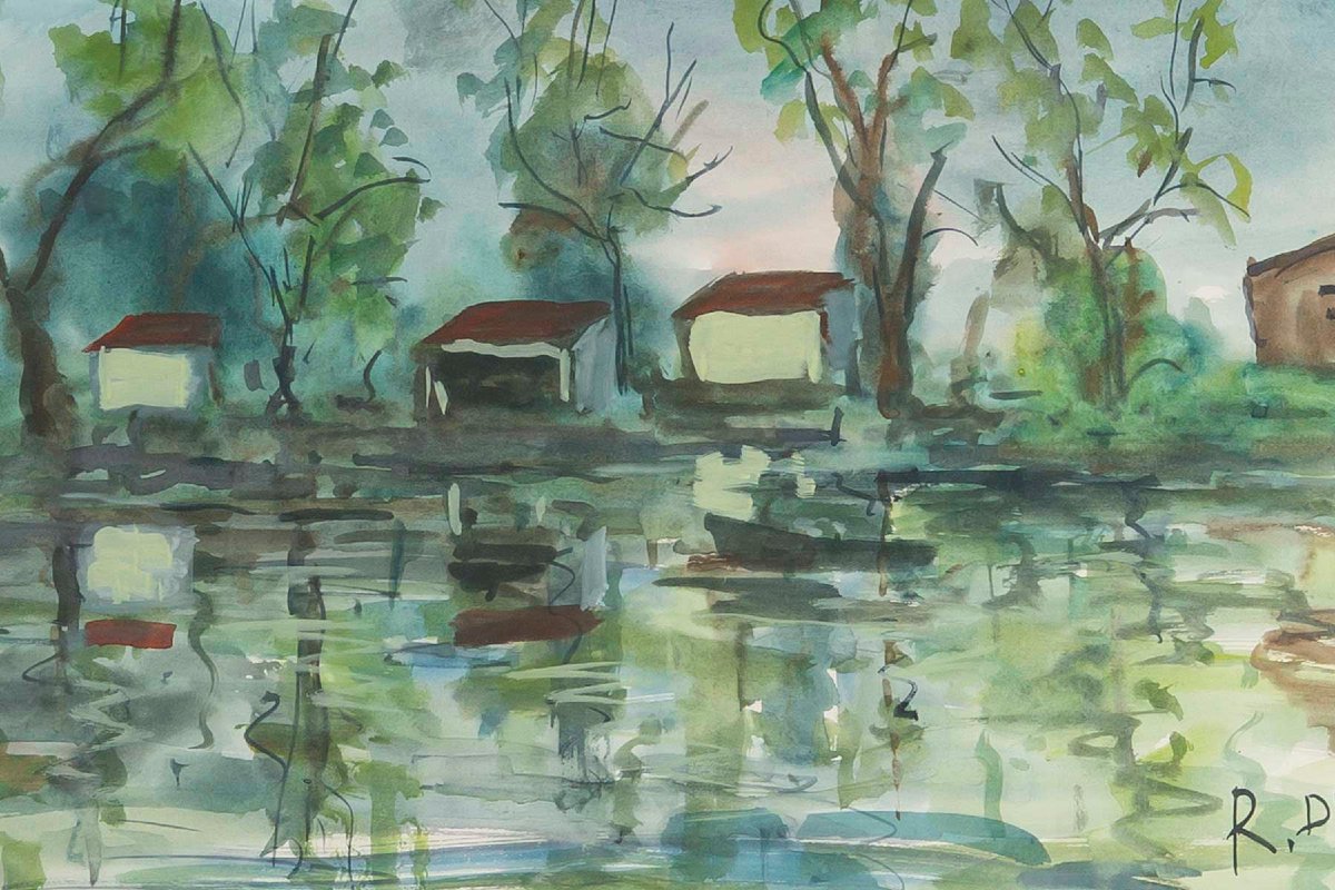 Riverside, Watercolor Signed Roland Dubuc-photo-4