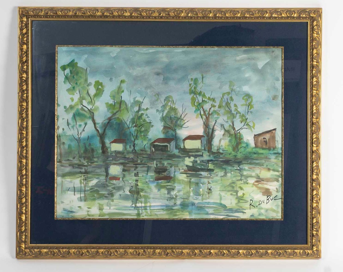 Riverside, Watercolor Signed Roland Dubuc