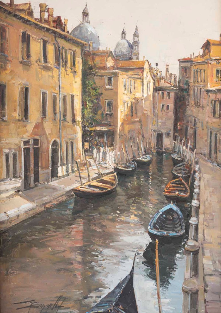 A Canal In Venice, Oil On Canvas, Signed By Ciro Canzanella-photo-2