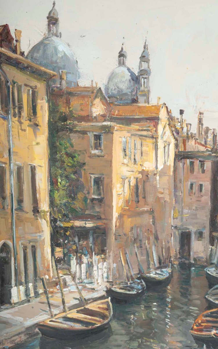 A Canal In Venice, Oil On Canvas, Signed By Ciro Canzanella-photo-3