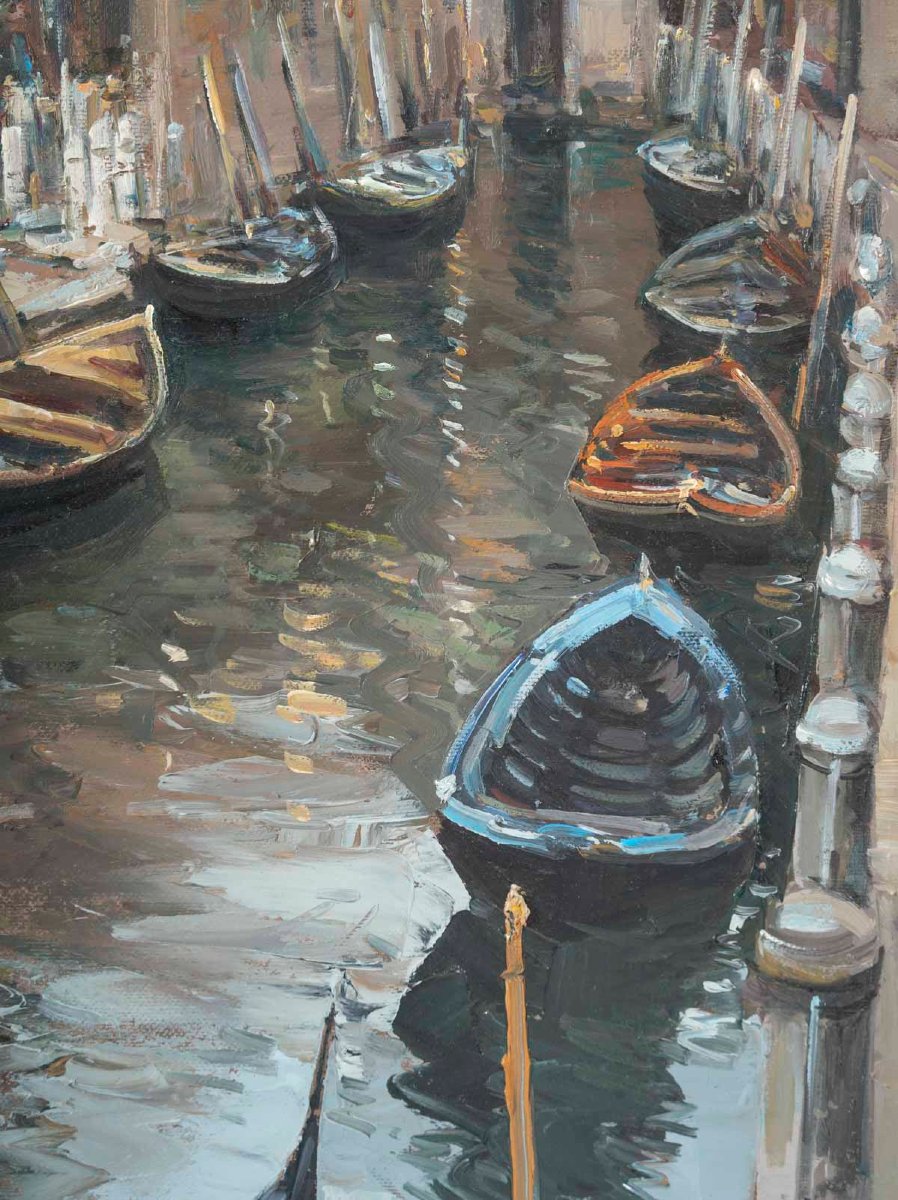 A Canal In Venice, Oil On Canvas, Signed By Ciro Canzanella-photo-4