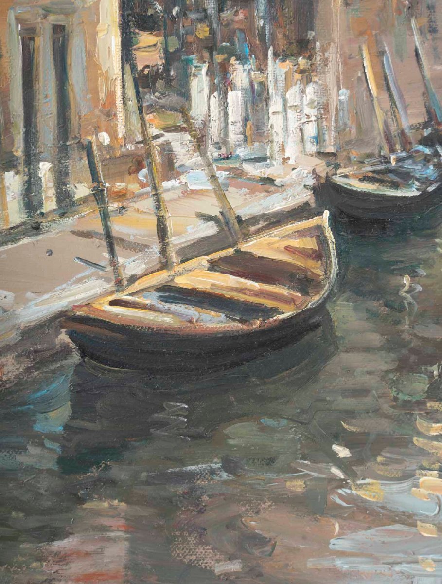 A Canal In Venice, Oil On Canvas, Signed By Ciro Canzanella-photo-2