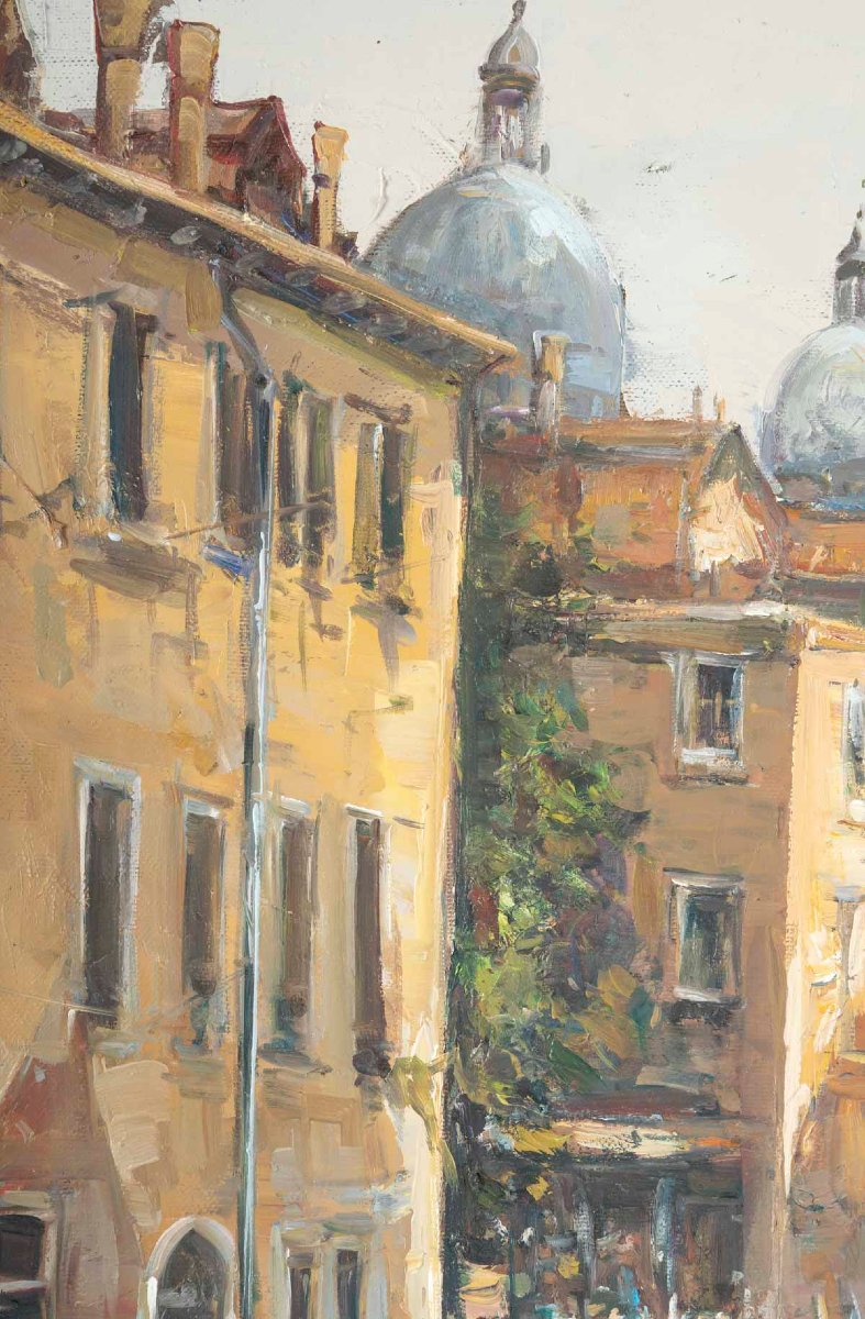A Canal In Venice, Oil On Canvas, Signed By Ciro Canzanella-photo-3