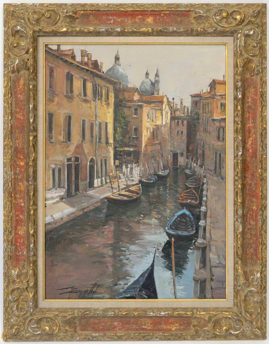 A Canal In Venice, Oil On Canvas, Signed By Ciro Canzanella