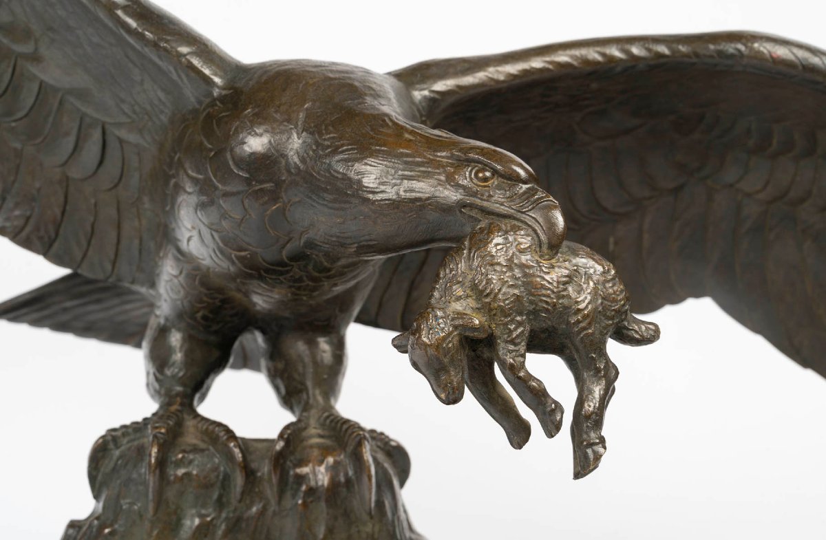 An Eagle With Outstretched Wings Holding A Lamb In Its Beak, A Bronze Sculpture Signed By Gilbert-photo-2