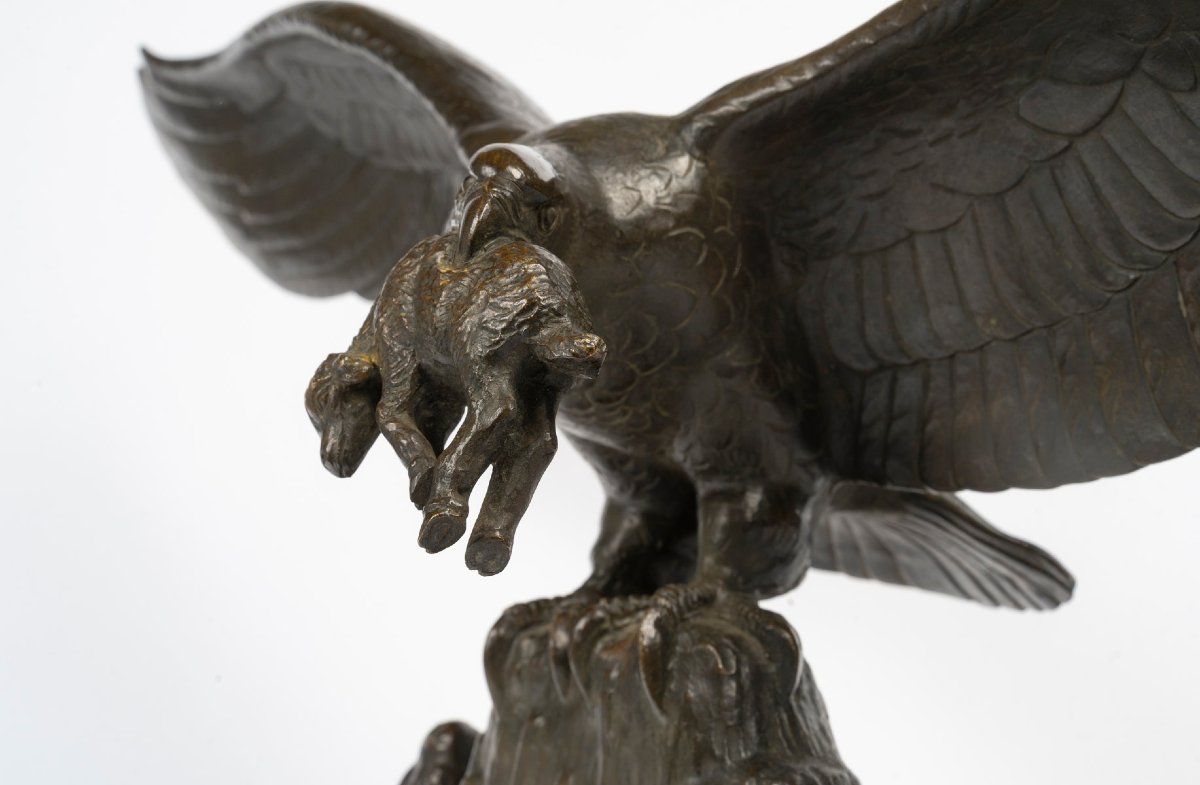 An Eagle With Outstretched Wings Holding A Lamb In Its Beak, A Bronze Sculpture Signed By Gilbert-photo-8