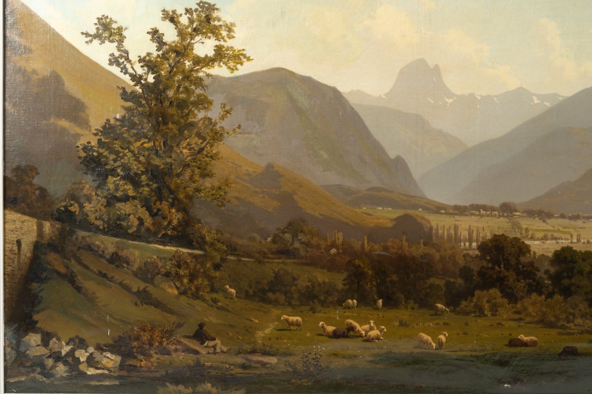 View Of The Ossau Valley, Oil On Canvas, Signed R. Valette-photo-4