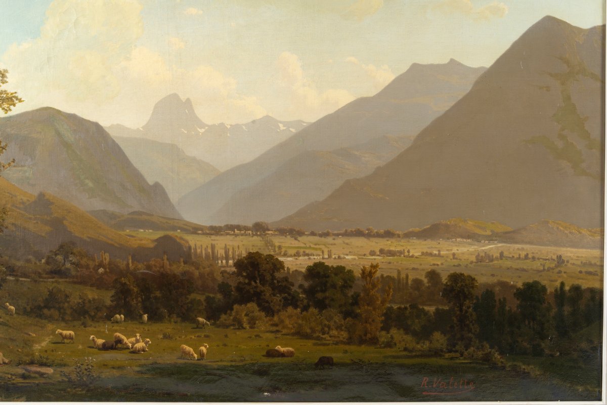View Of The Ossau Valley, Oil On Canvas, Signed R. Valette-photo-1