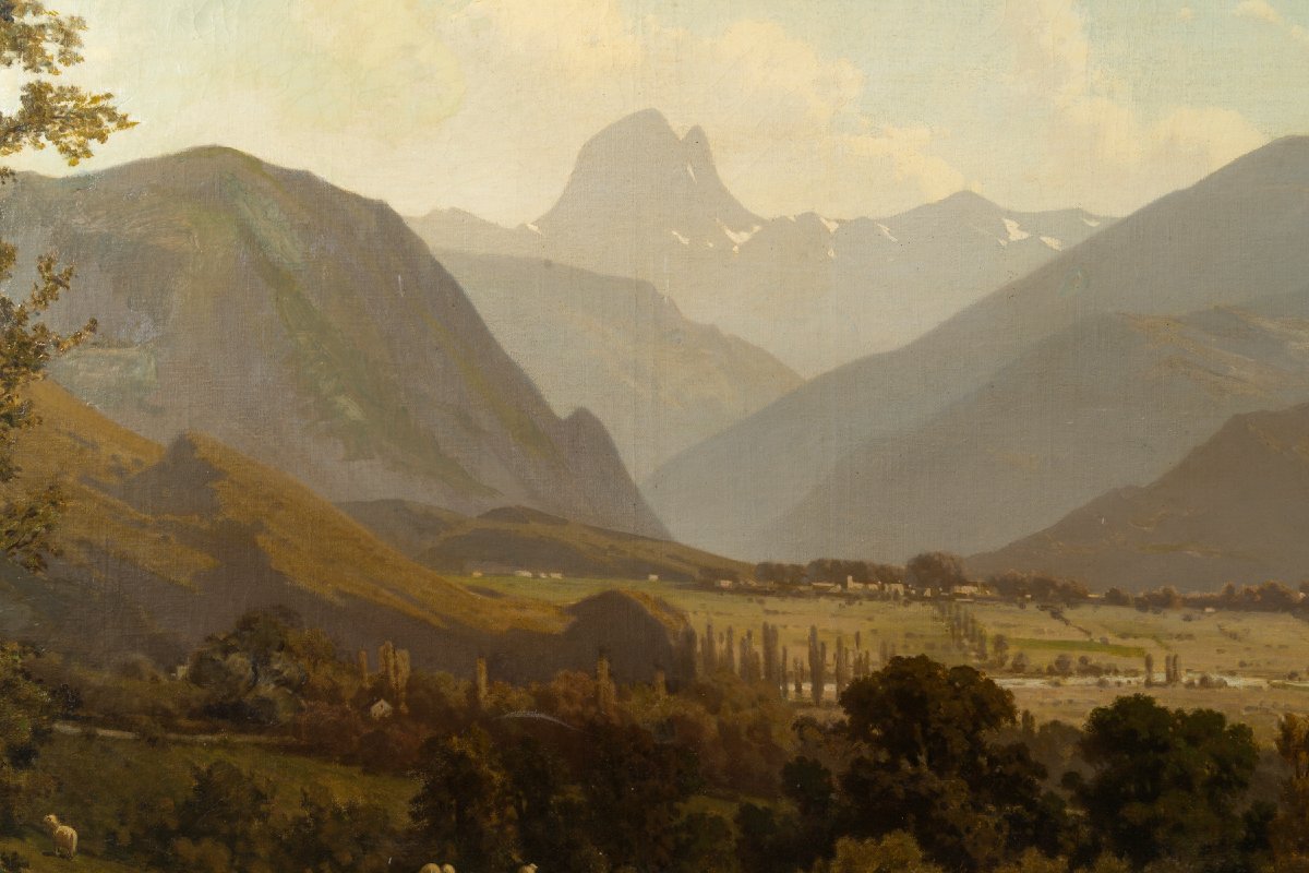 View Of The Ossau Valley, Oil On Canvas, Signed R. Valette-photo-2