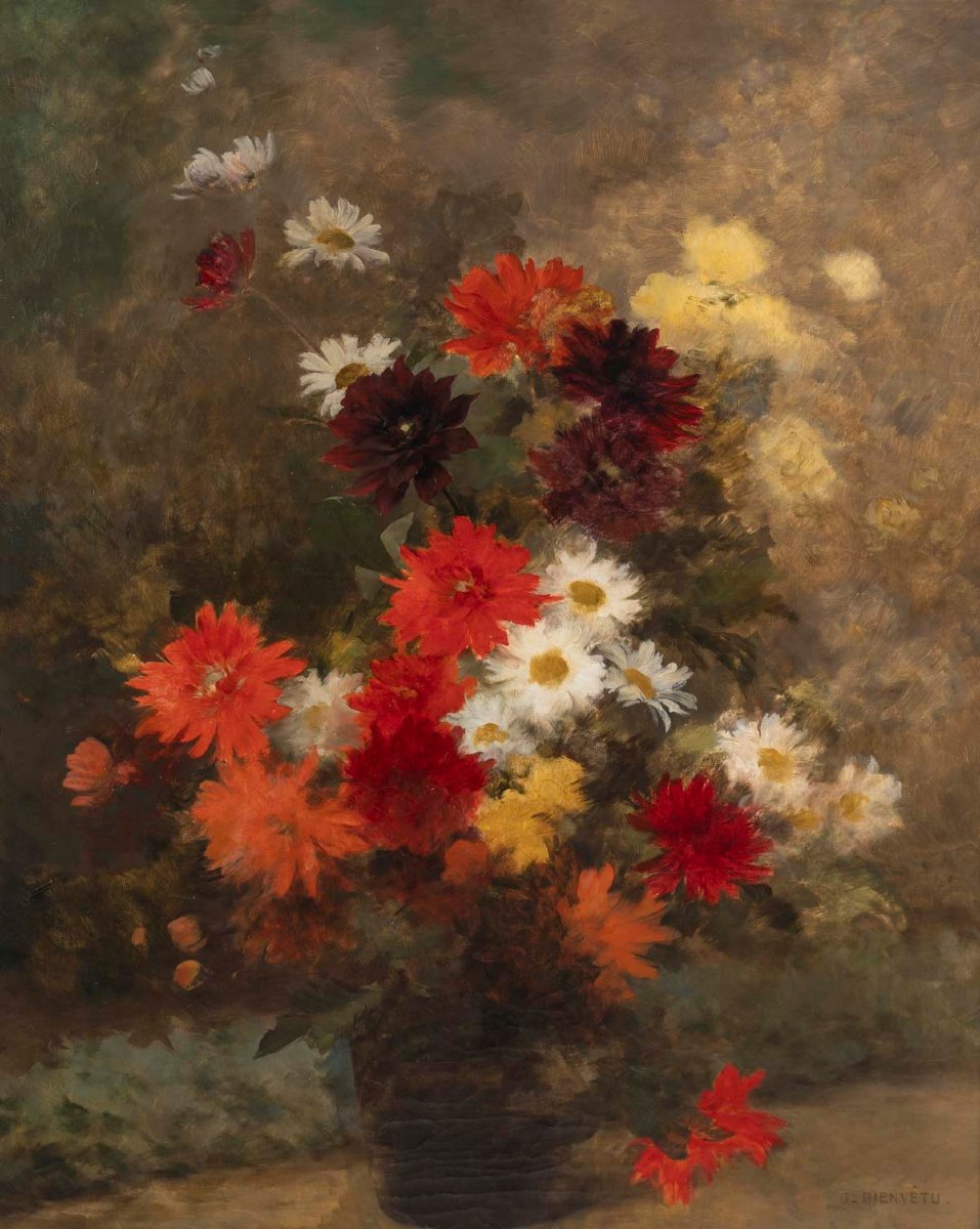 Bouquet de fleurs, huile sur toile signée Gustave Bienvêtu-photo-4