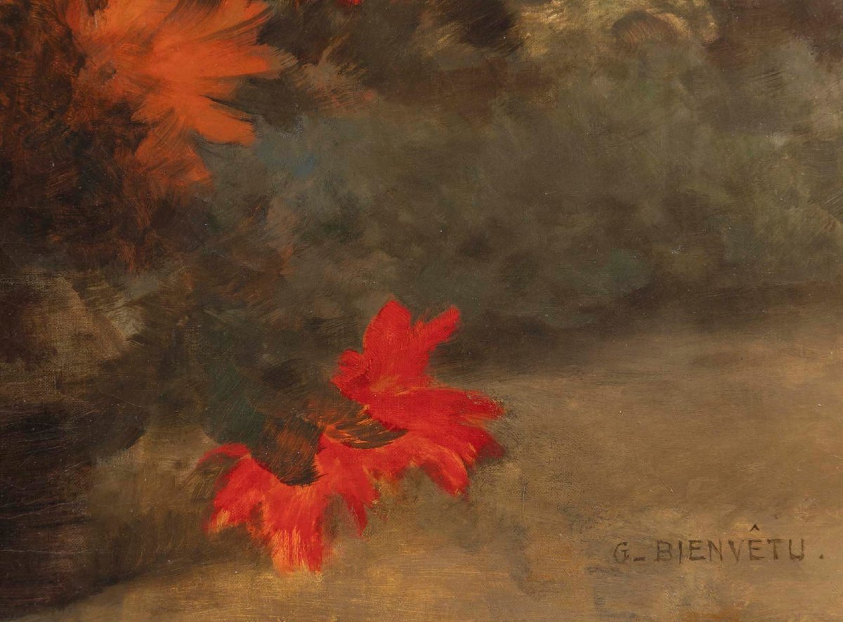 Bouquet de fleurs, huile sur toile signée Gustave Bienvêtu-photo-3