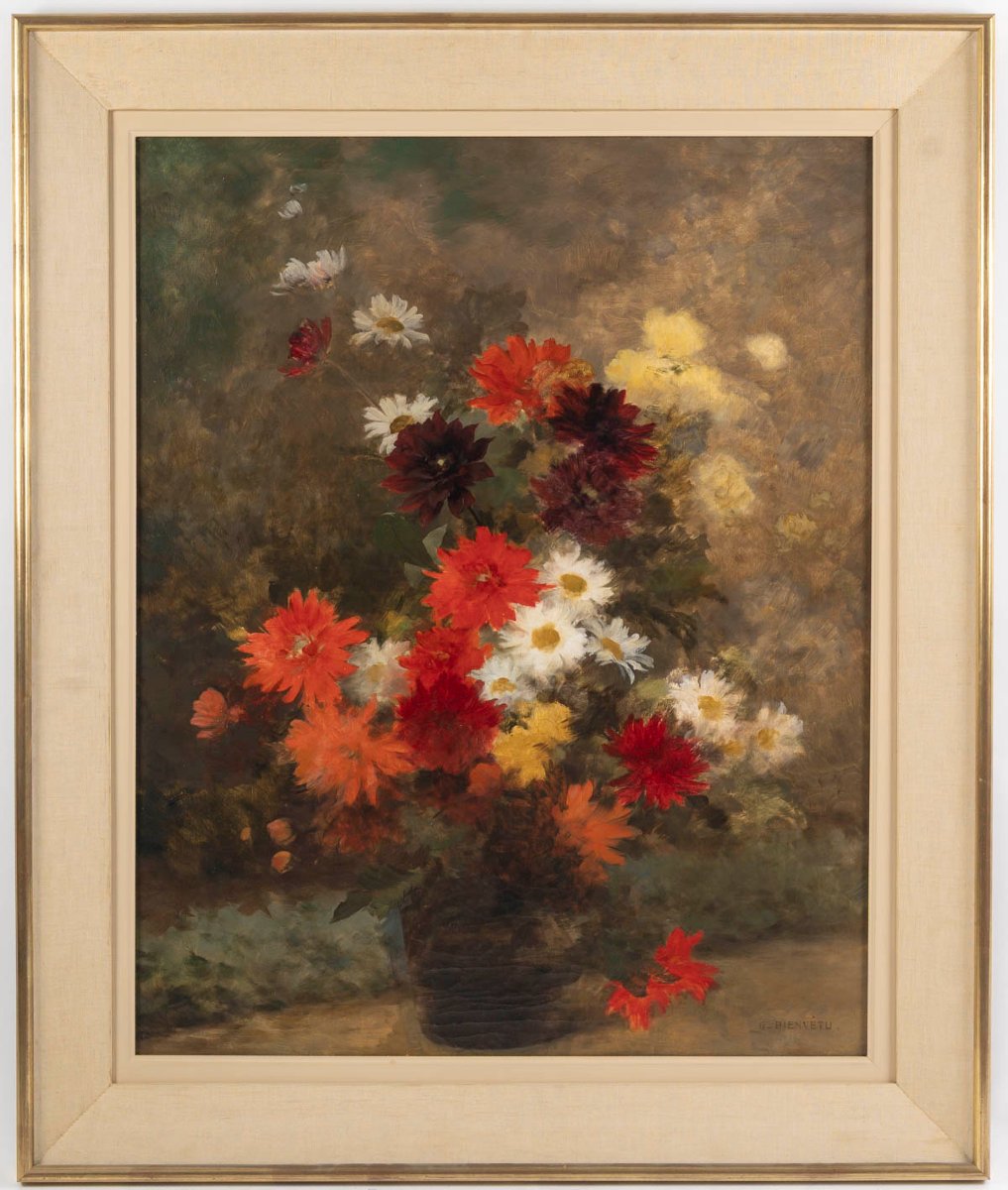 Bouquet de fleurs, huile sur toile signée Gustave Bienvêtu