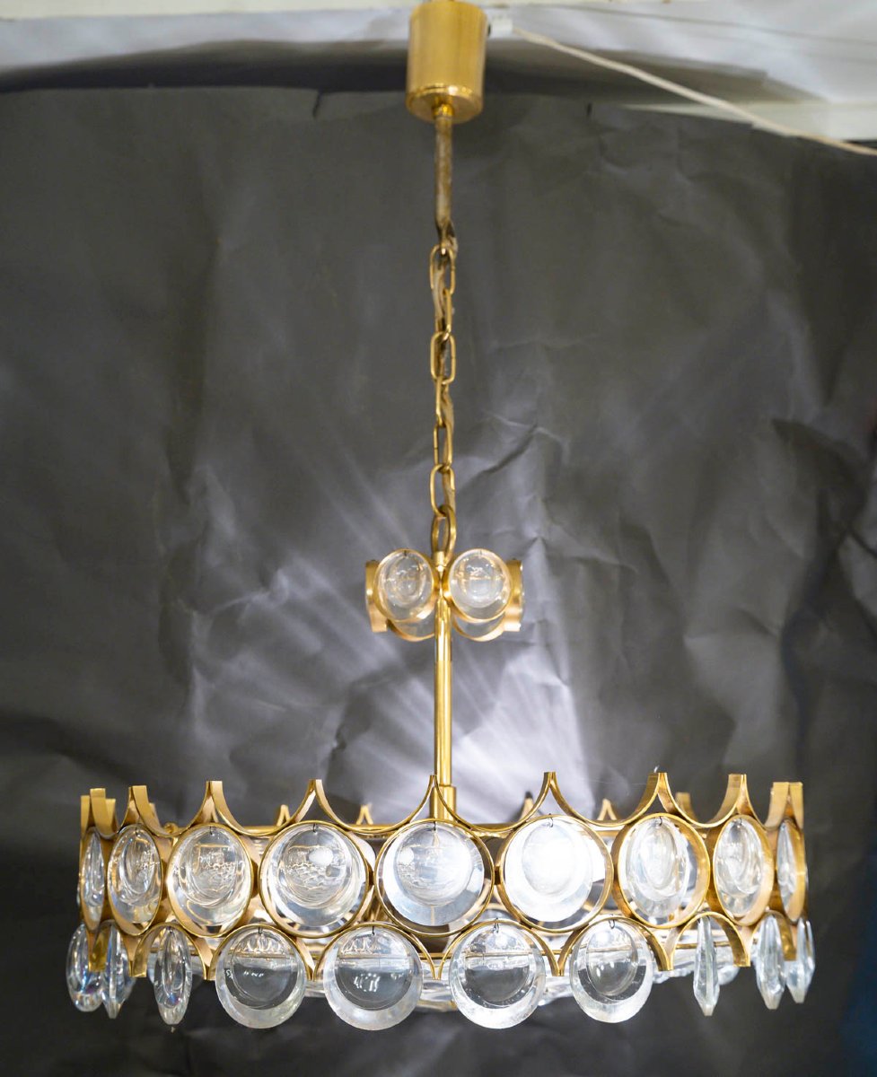 Lustre et paire d'appliques  en verre et laiton doré -photo-2