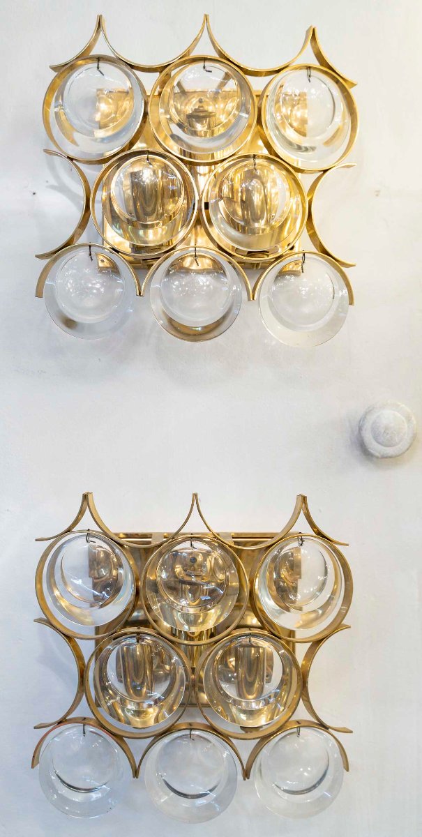 Lustre et paire d'appliques  en verre et laiton doré -photo-5