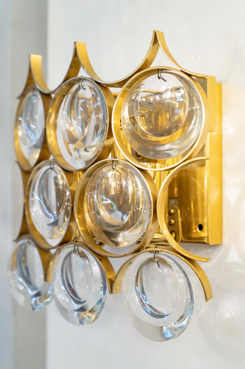 Lustre et paire d'appliques  en verre et laiton doré -photo-6