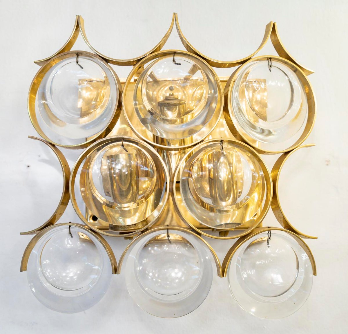 Lustre et paire d'appliques  en verre et laiton doré -photo-8