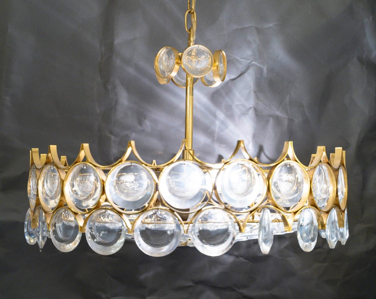 Lustre et paire d'appliques  en verre et laiton doré 