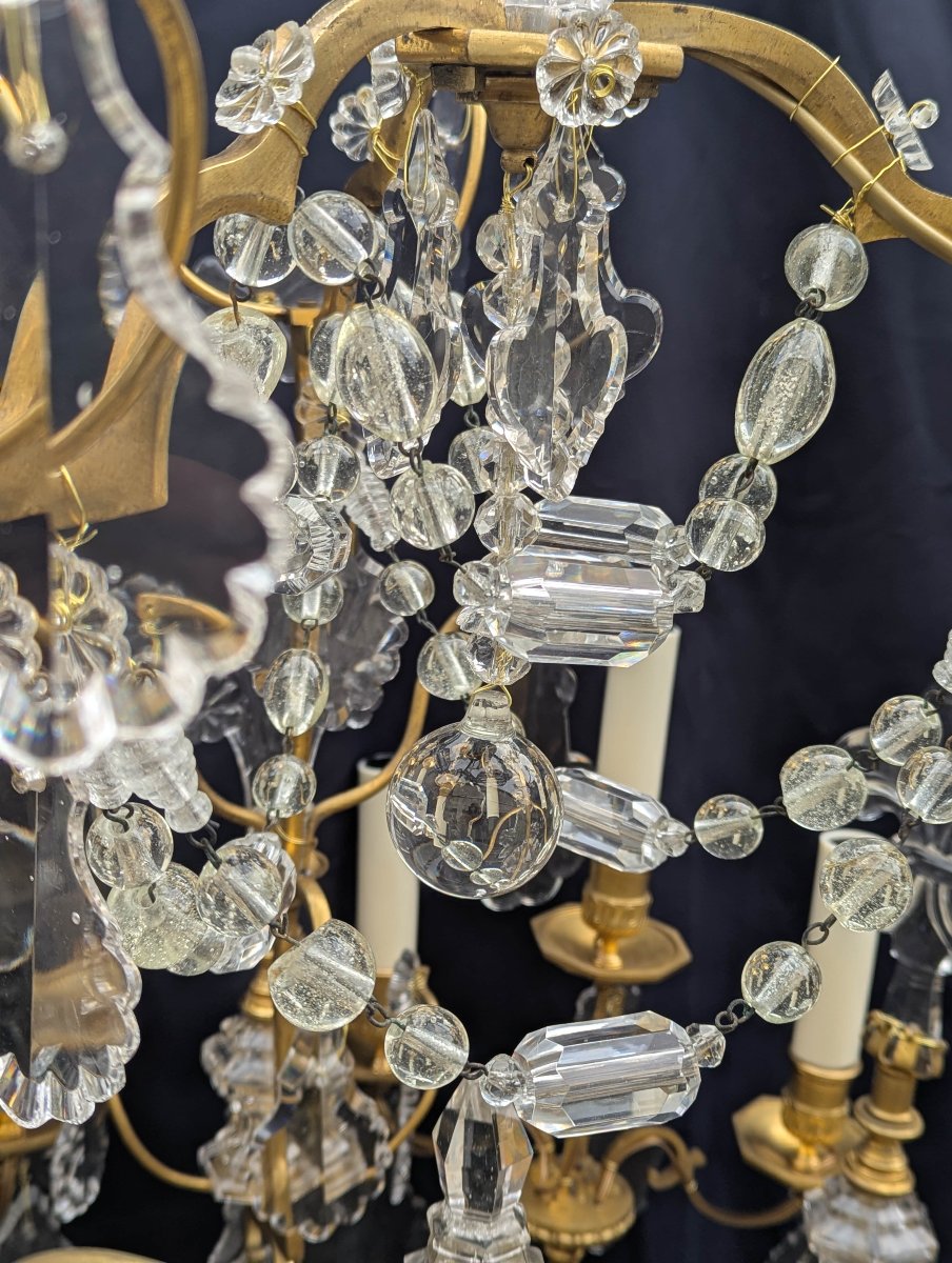 Lustre cage à 18 feux en bronze doré et cristal de Baccarat aux fleurs de Lys-photo-4