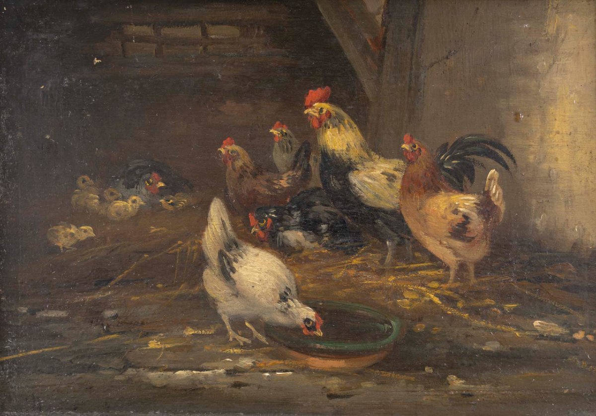 Basses cours, paire d'huile sur panneaux signées Guilleminet-photo-1