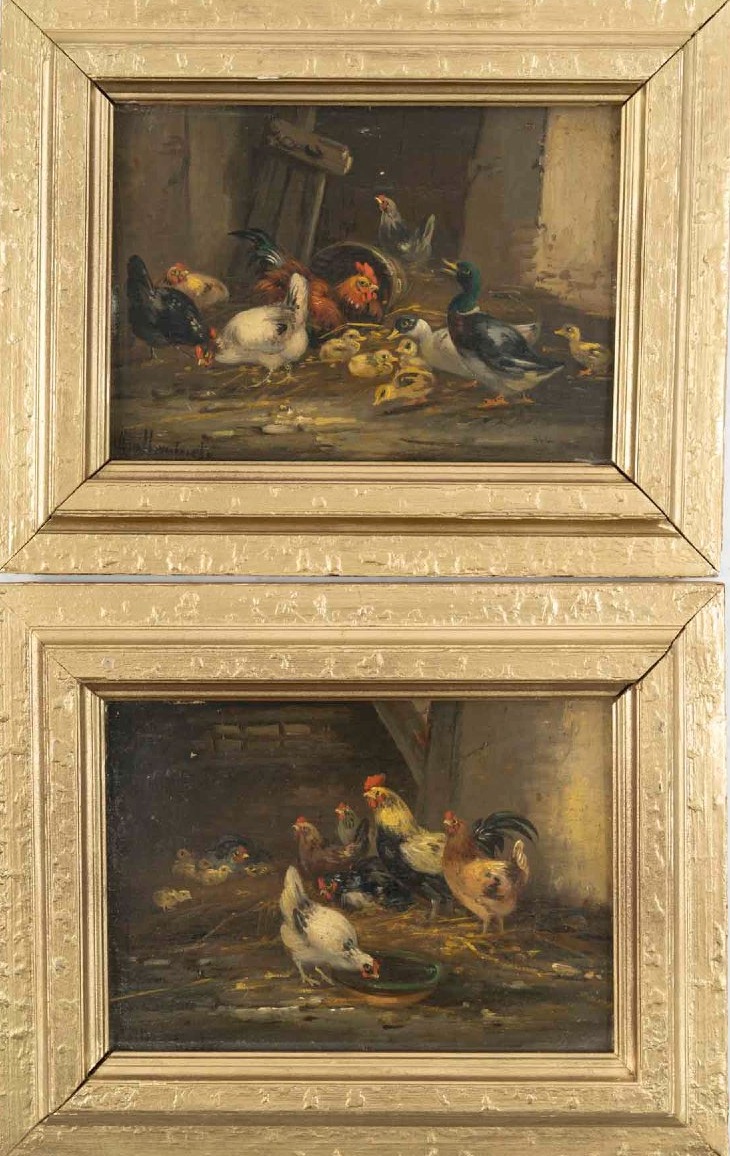 Basses cours, paire d'huile sur panneaux signées Guilleminet